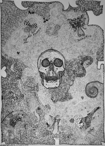 Skull and the Hidden Images, Pen & Ink on Paper, Danielle O'Keefe, September, 2010