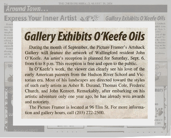 Press release for John O'Keefe Jr's solo exhibition at the Picture Framer & Gallery in Cheshire, Connecticut in September 2008