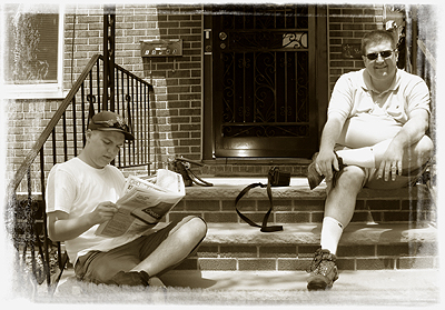 John O'Keefe and Joshua hanging out on the front stoop
