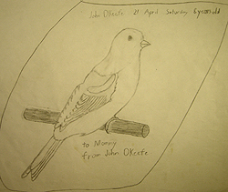 John O'Keefe Jr pencil drawing of a Canary signed to his mother, created when he was eight years old, preschool and elementary school art
