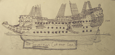John O'Keefe's pen & ink drawing of the Spanish warship 'Soveriegn of the Sea', created when he was ten or eleven years old