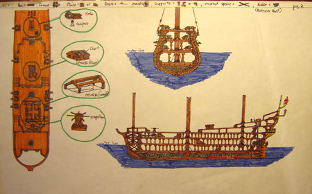 John O'Keefe's drawing in colored markers of an old sail powered warship deck plan, created when he was ten or eleven years old