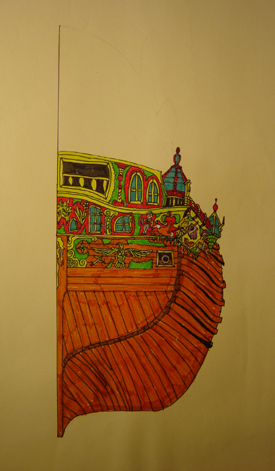 John O'Keefe's drawing in colored markers of an old sail powered warship, closeup aft view, created when he was ten or eleven years old
