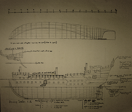 John O'Keefe's drawing of an old sail powered warship construction plan, created when he was ten or eleven years old
