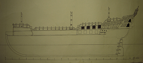 John O'Keefe's pen & ink drawing of an old sail powered warship construction plan, created when he was ten or eleven years old
