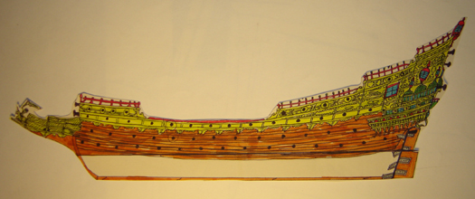 John O'Keefe's drawing in colored markers of an old sail powered warship contruction plan, created when he was ten or eleven years old