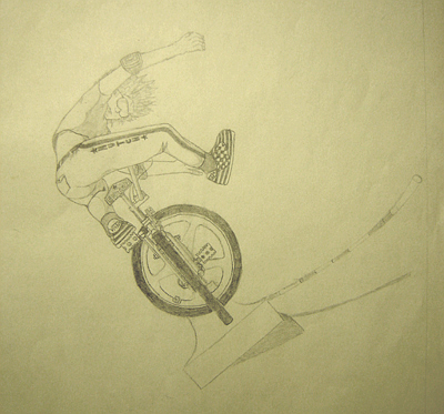 John O'Keefe's pencil drawing of a freestyle bike trick on a quarter-pipe, created when he was fourteen years old