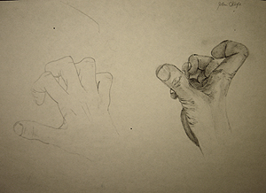 Middle and high school art, John O'Keefe Jr pencil drawing study of his hand, created when he was eleven to thirteen years old