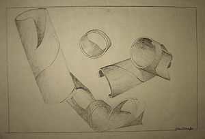 Middle and high school art, John O'Keefe Jr pencil drawing study of cardboard tubes, created when he was eleven to thirteen years old
