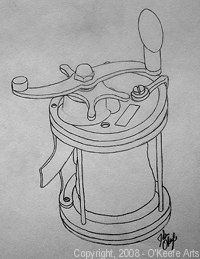 Middle and high school art, John O'Keefe Jr pencil drawing study of an antique fishing reel, created when he was fifteen years old