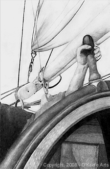 Middle and high school art, John O'Keefe Jr pencil drawing study of an old sailing ship deck scene, created when he was eightteen years old