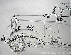Middle and high school art, John O'Keefe Jr pen & ink study of an old smashed up car, created when he was fifteen years old