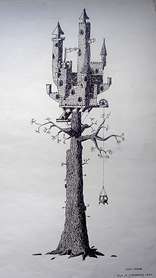 John O'Keefe's pen & ink drawing of a fantasy tree castle, created when he was thirteen years old