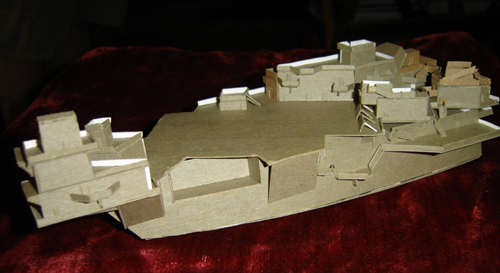 Art during the Summer Before Middle School, John O'Keefe Jr model of futuristic aircraft carrier made from cardboard (view 2), created when he was ten years old