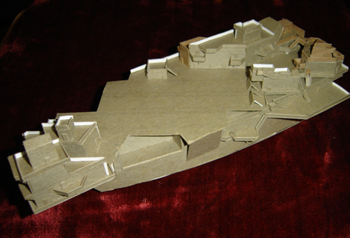 Art during the Summer Before Middle School, John O'Keefe Jr model of futuristic aircraft carrier made from cardboard (view 3), created when he was ten years old