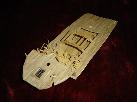 Art during the Summer Before Middle School, John O'Keefe Jr partial toothpick model of the deck of a large sail powered ship, created when he was eleven years old