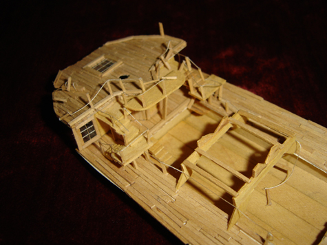 Art during the Summer Before Middle School, John O'Keefe Jr partial toothpick model of the deck of a large sail powered ship (view 3), created when he was eleven years old