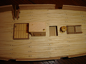 John O'Keefe's partial wooden model of a sail powered ship (view 3), started when he was eleven years old