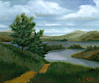 Landscape oil painting entitled 'New England River' by John O'Keefe