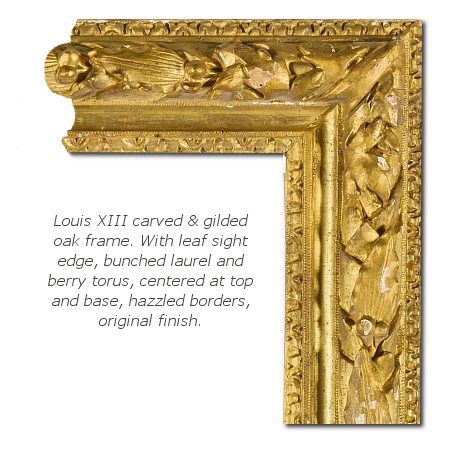 Louis XIII carved & gilded oak frame. With leaf sight edge, bunched laurel and berry torus, centered at top and base, hazzled borders, original finish.